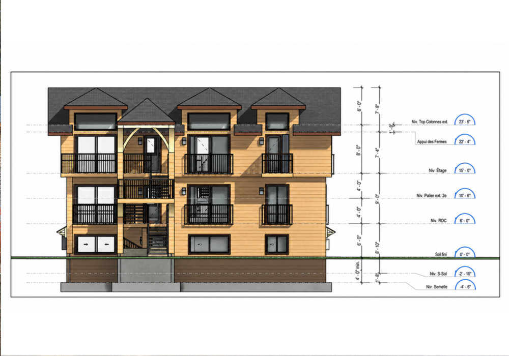 Élévation de la façade avant, projet d’Airbnb à Mont-Tremblant