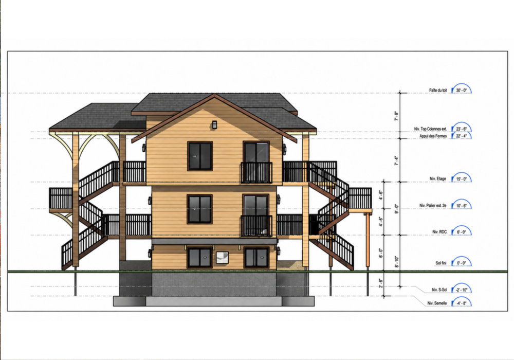 Élévation de la façade droite, projet d’Airbnb à Mont-Tremblant
