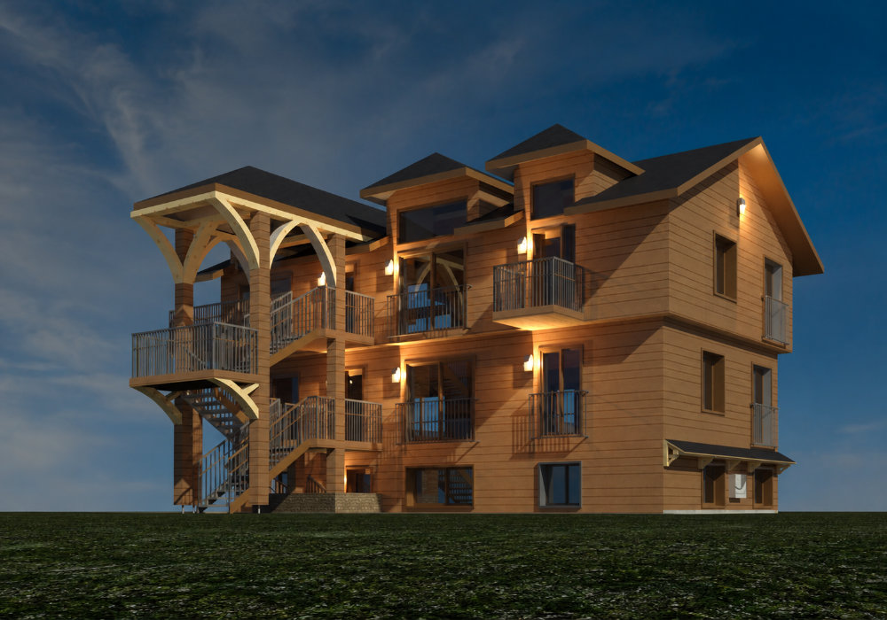 Façade avant proposée après l’ajout du deuxième étage, projet d’Airbnb à Mont-Tremblant
