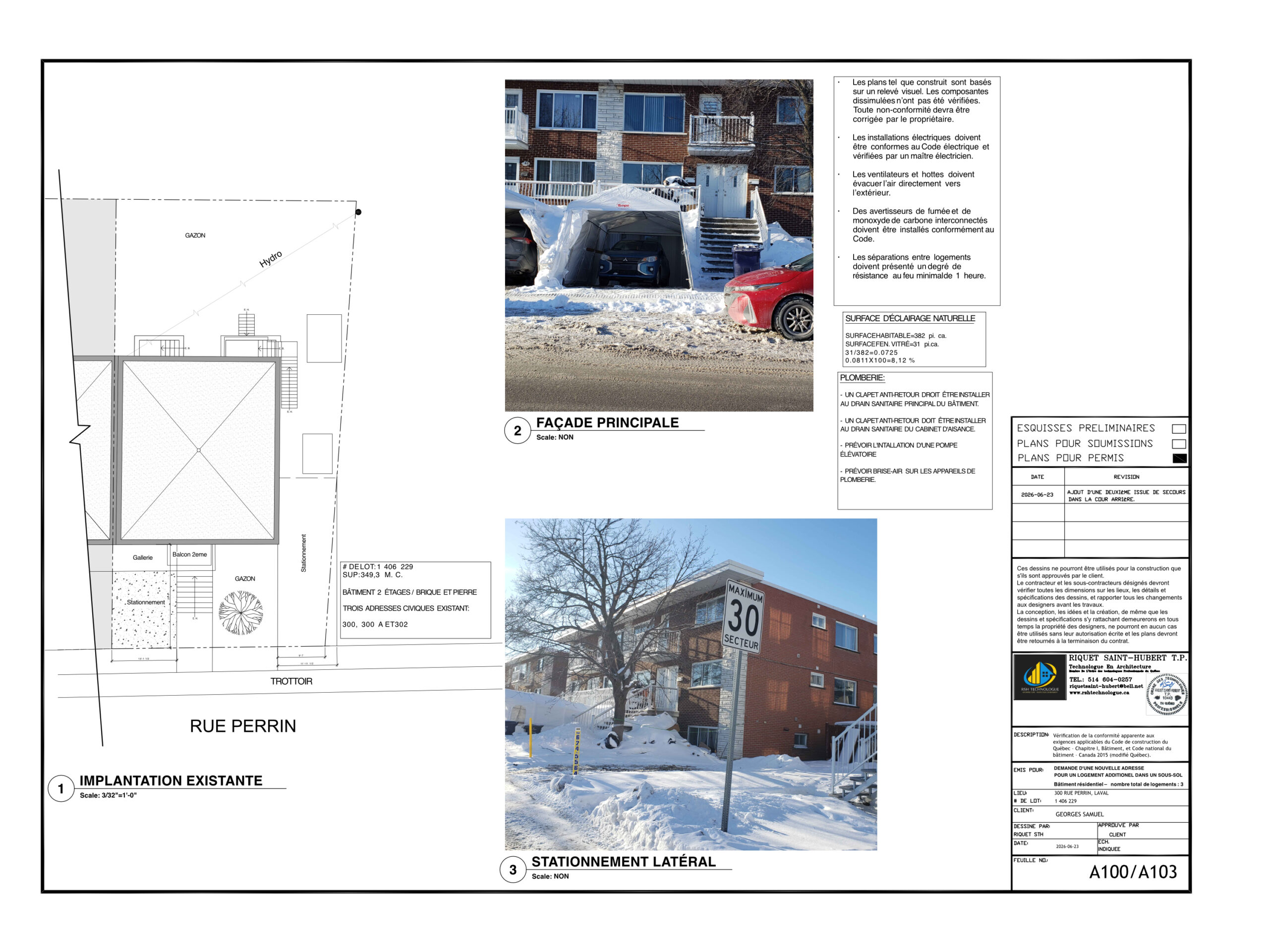 Plan d’implantation existante, 300, rue Perrin, Laval
