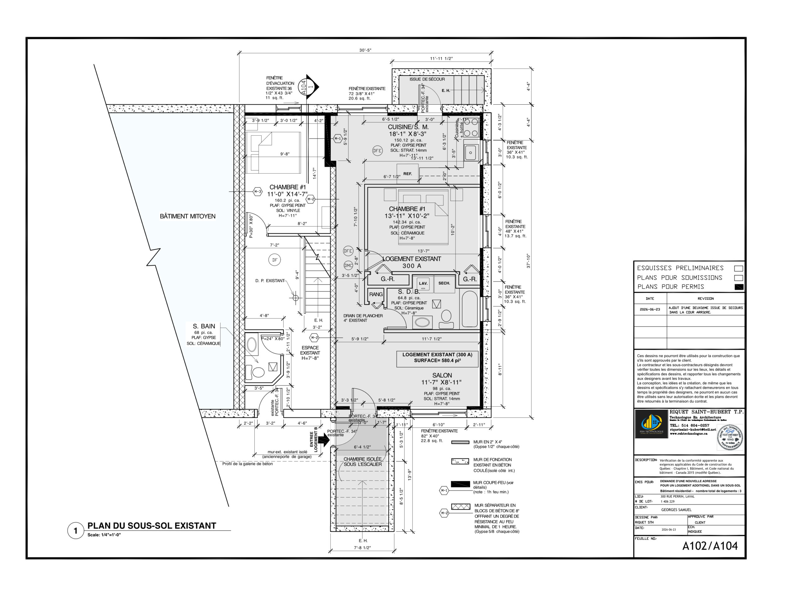 Plan du sous-sol existant, 300, rue Perrin, Laval
