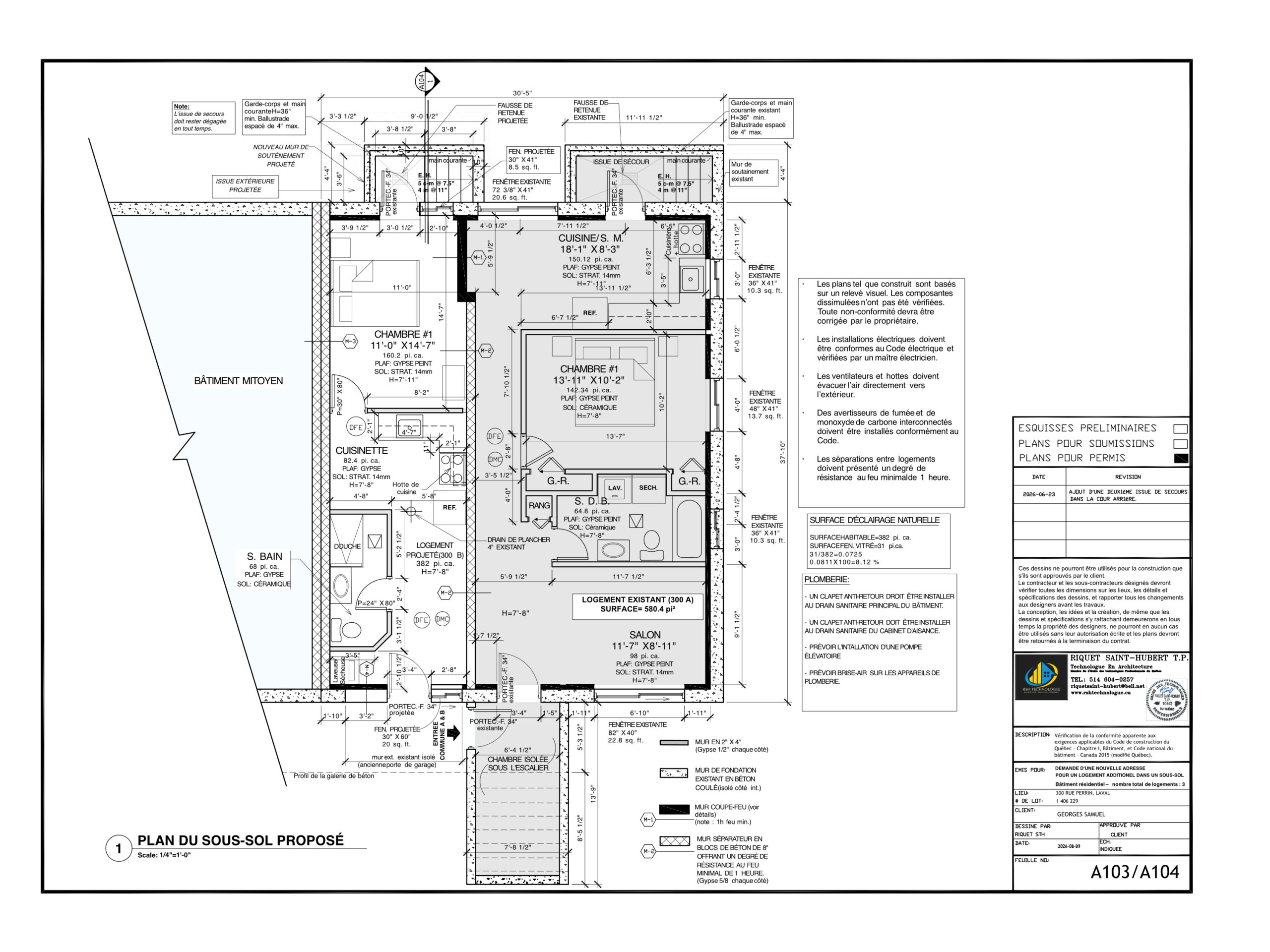 Plan du sous-sol proposé, 300, rue Perrin, Laval
