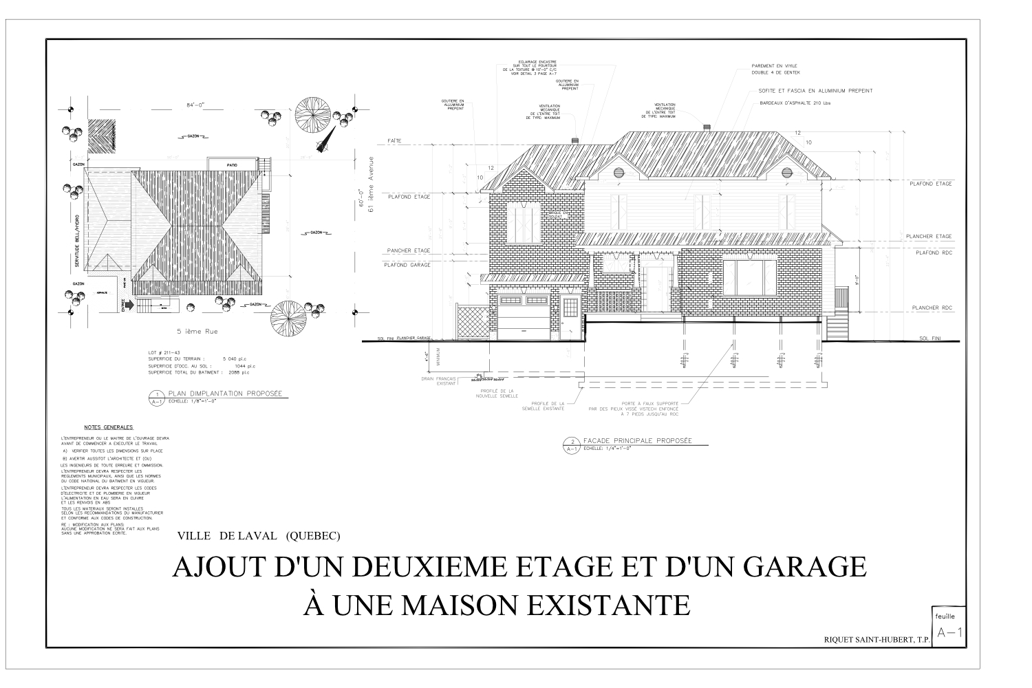 Plan du projet de reconstruction, 521, 61e Avenue, Chomedey, Laval