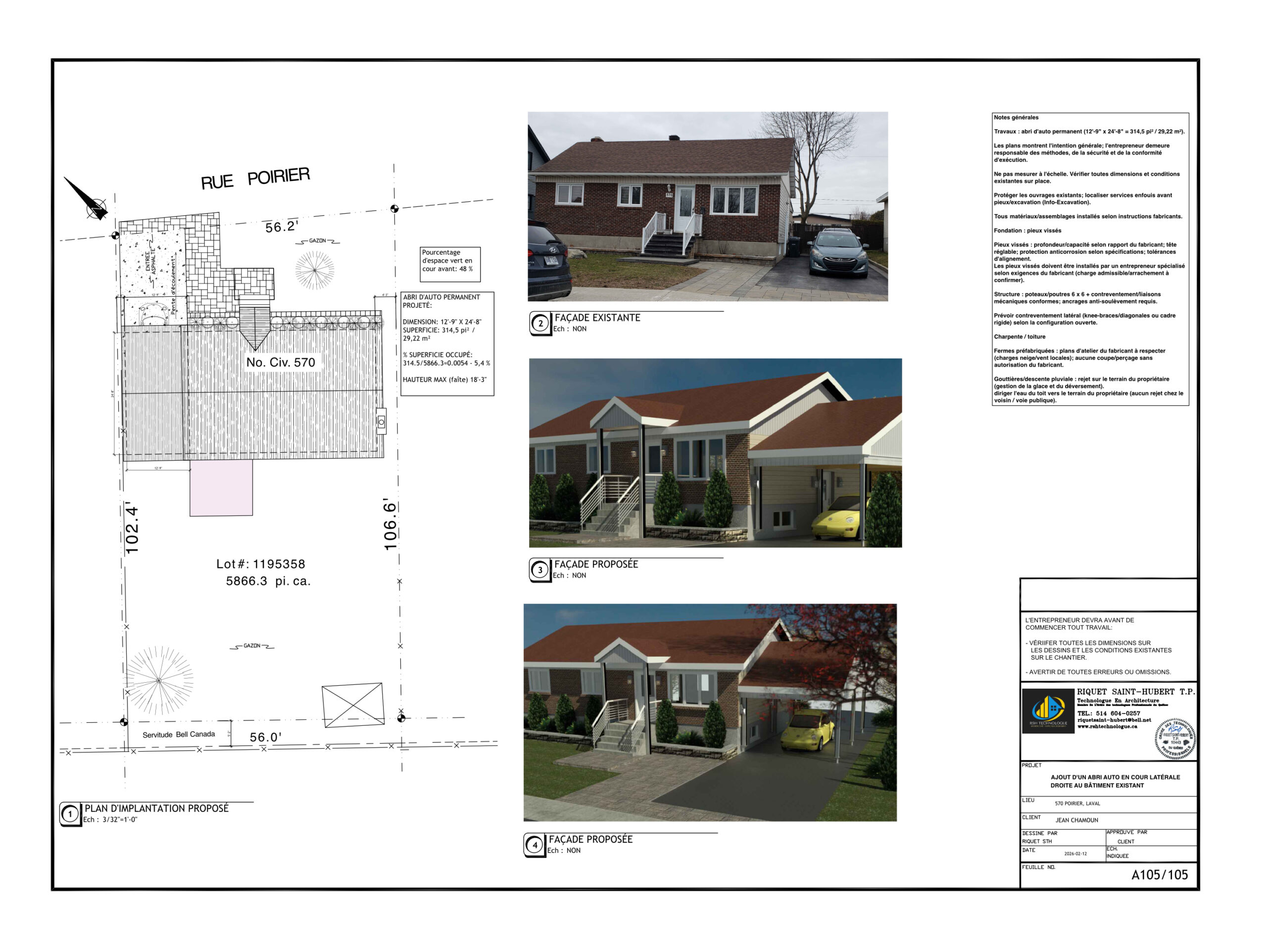 Plan d’implantation de l’abri d’auto, 570, rue Poirier, Laval