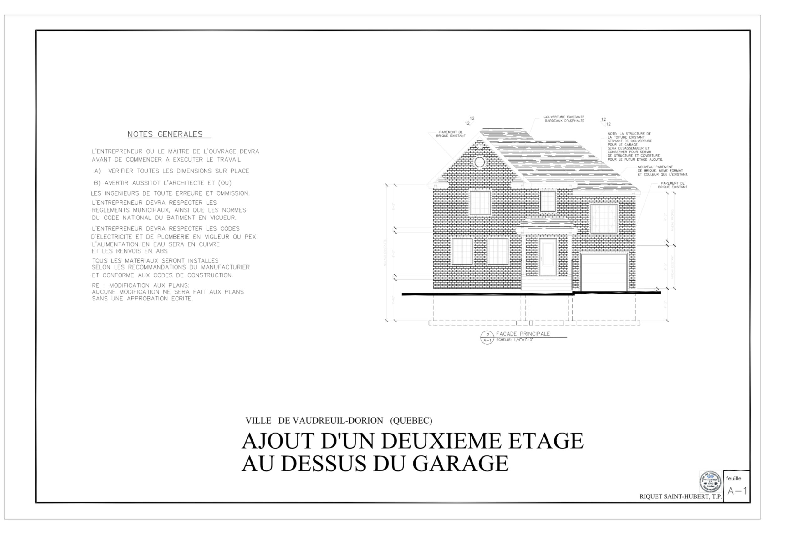 Plan du projet d’ajout d’un deuxième étage sur un garage, Saint-Lazare